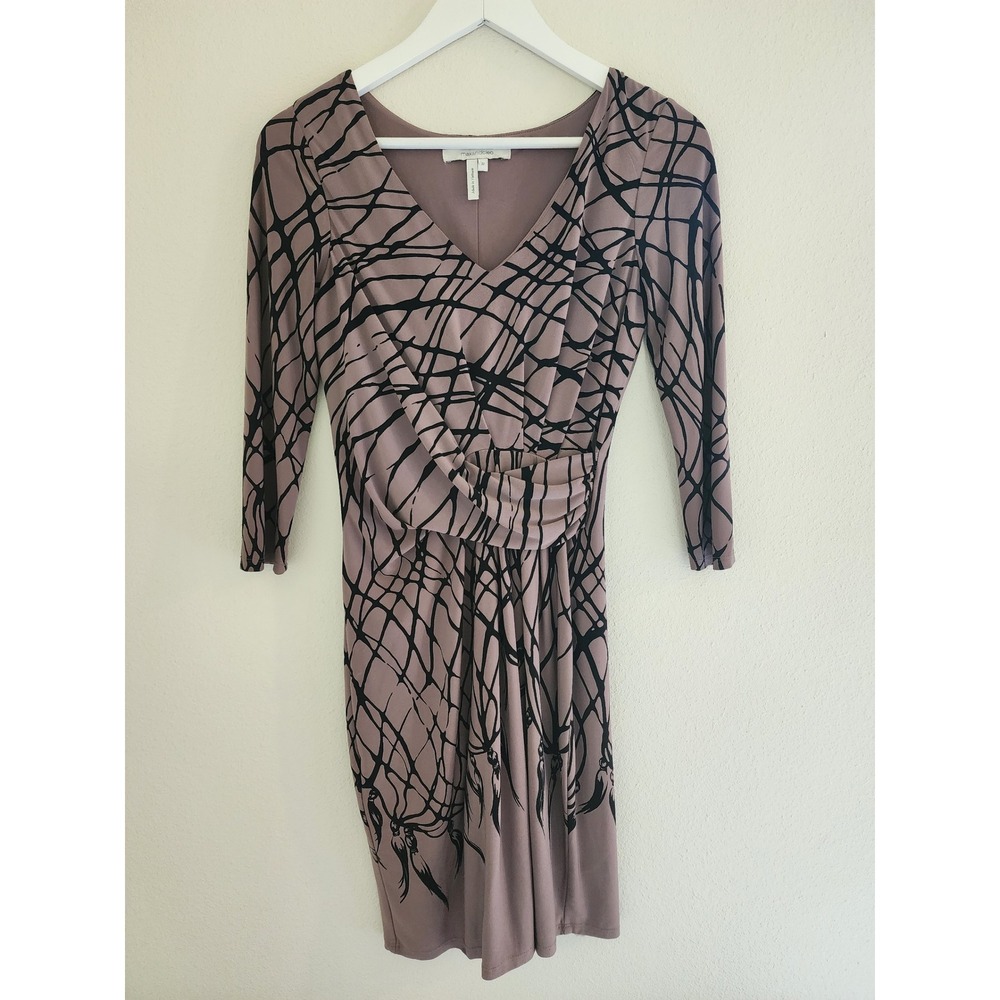 Abstract Career Workwear Mauve Black Faux Wrap 3/4 Sleeve Sheath Pencil Dress XS